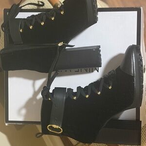 Nine West Black Lace Up Boots with Gold Details